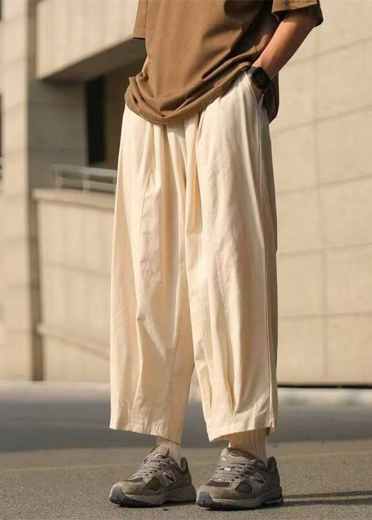 Loose Chocolate Solid Elastic Waist Cotton Mens Crop Pants Summer