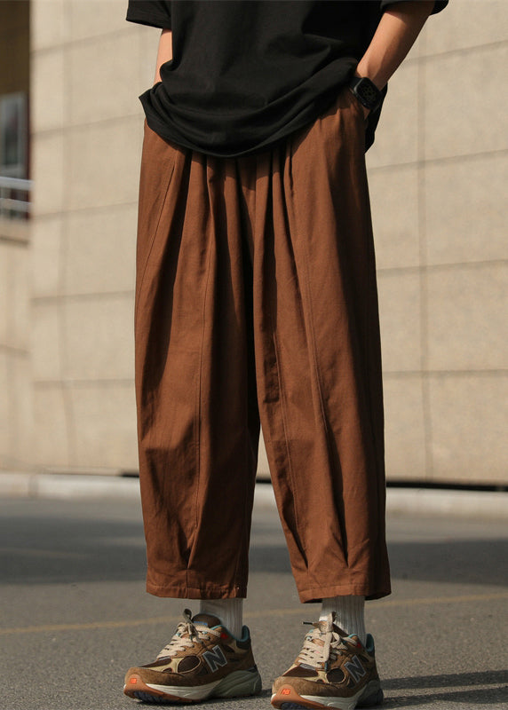 Loose Chocolate Solid Elastic Waist Cotton Mens Crop Pants Summer