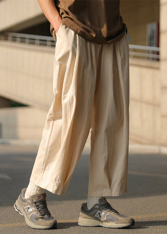 Loose Chocolate Solid Elastic Waist Cotton Mens Crop Pants Summer
