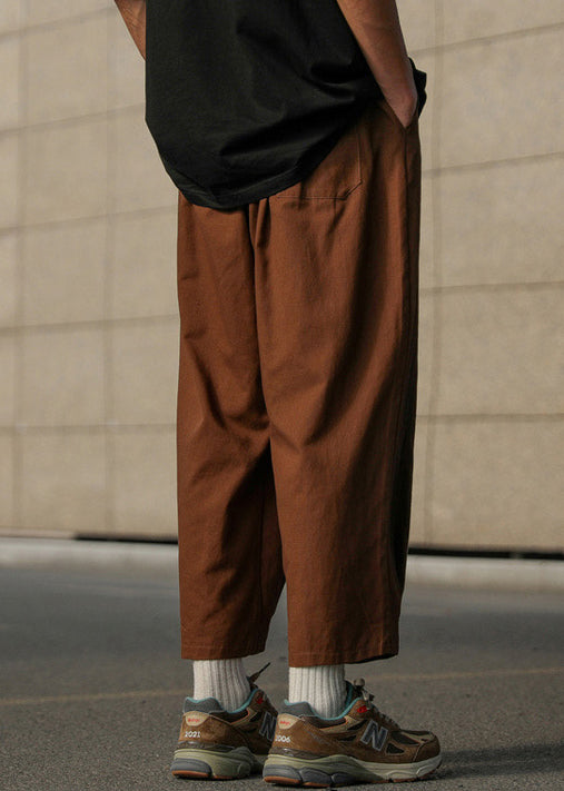 Loose Chocolate Solid Elastic Waist Cotton Mens Crop Pants Summer