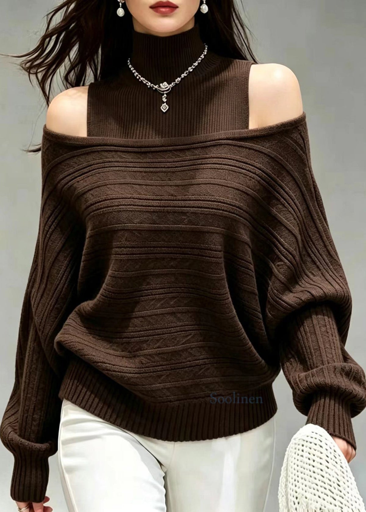 Loose Coffee Cold Shoulder Knit Vest And Sweater Two Pieces Set Fall