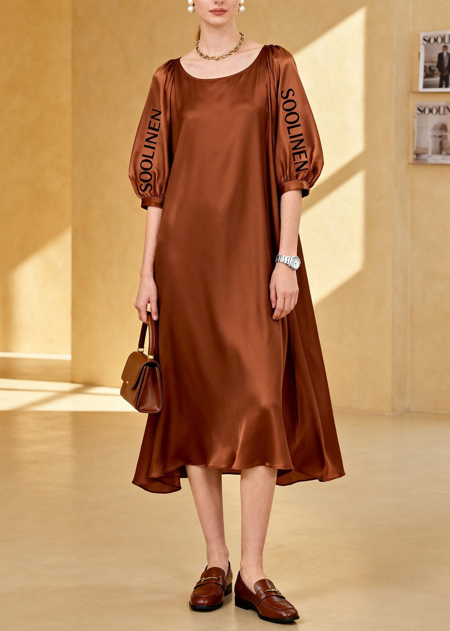 Loose Coffee O-Neck Graphic Silk Maxi Dress Summer