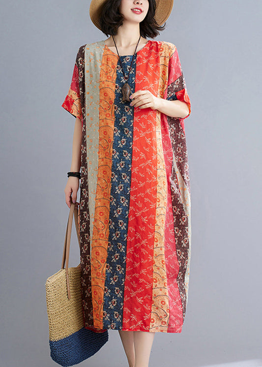 Lose Schokoladenorange O-Ausschnitt Print Strandkleider Kurzarm