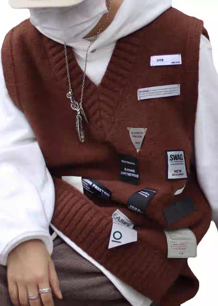 Loose Coffee V Neck Applique Cozy Knit Men Vest Spring