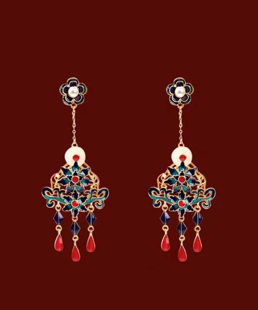 Lose Colorblock Uraltgold Jade Perle Emaille Quaste Tropfen Ohrringe