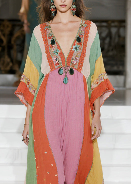 Loose Colorblock V Neck Floral Cotton Dress Summer