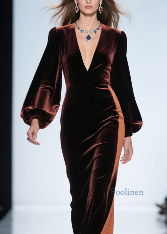 Vestido holgado de terciopelo con cuello en V y patchwork en bloques de color para primavera