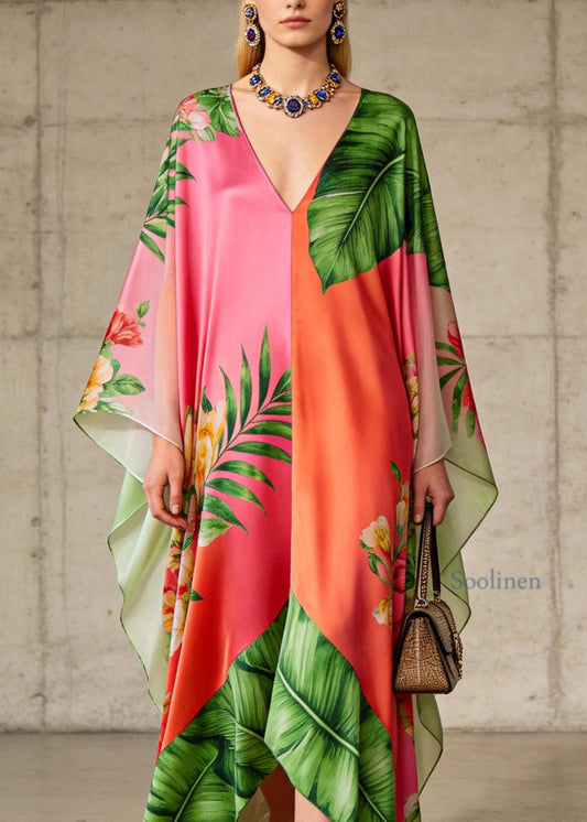 Loose Colorblock V Neck Print Chiffon Long Dresses Summer