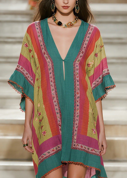 Loose Colorblock V Neck Print Cotton Mid Dress Summer