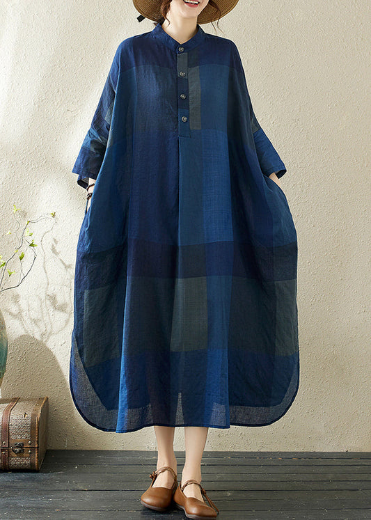Loose Dark Blue Stand Collar Plaid Side Open Long Dresses Bracelet Sleeve