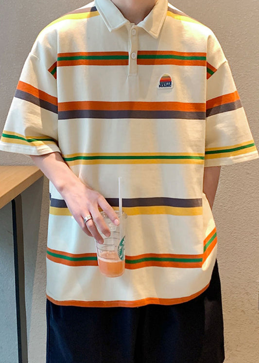 Loose Dark Gray Striped Button Cotton Polo Shirts Half Sleeve