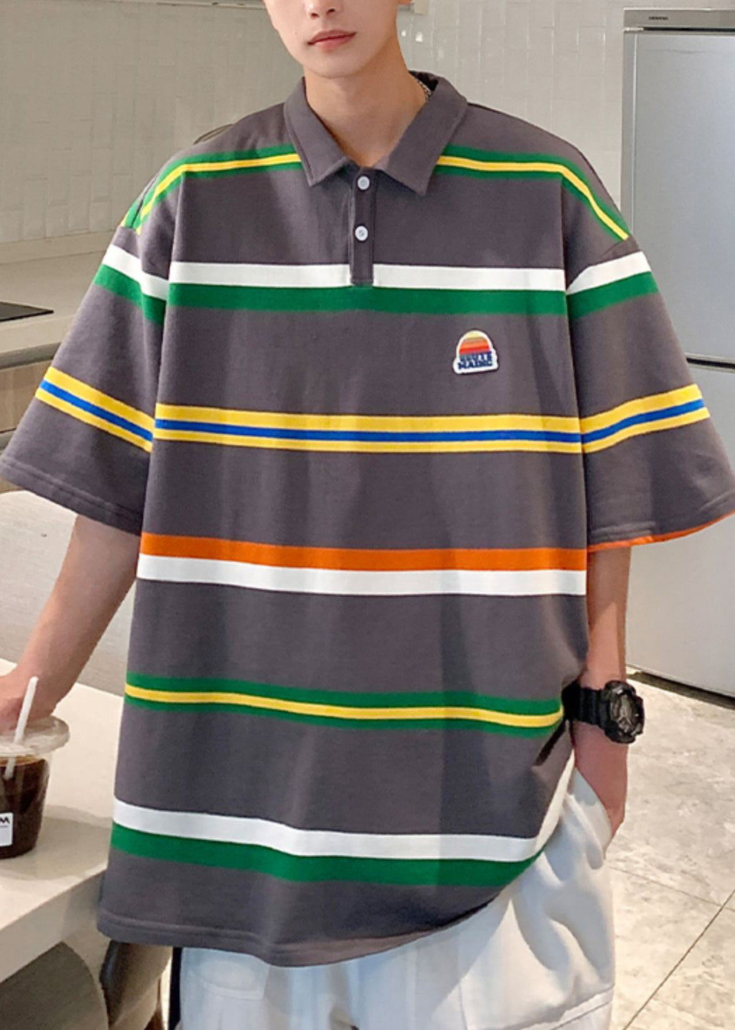 Loose Dark Gray Striped Button Cotton Polo Shirts Half Sleeve