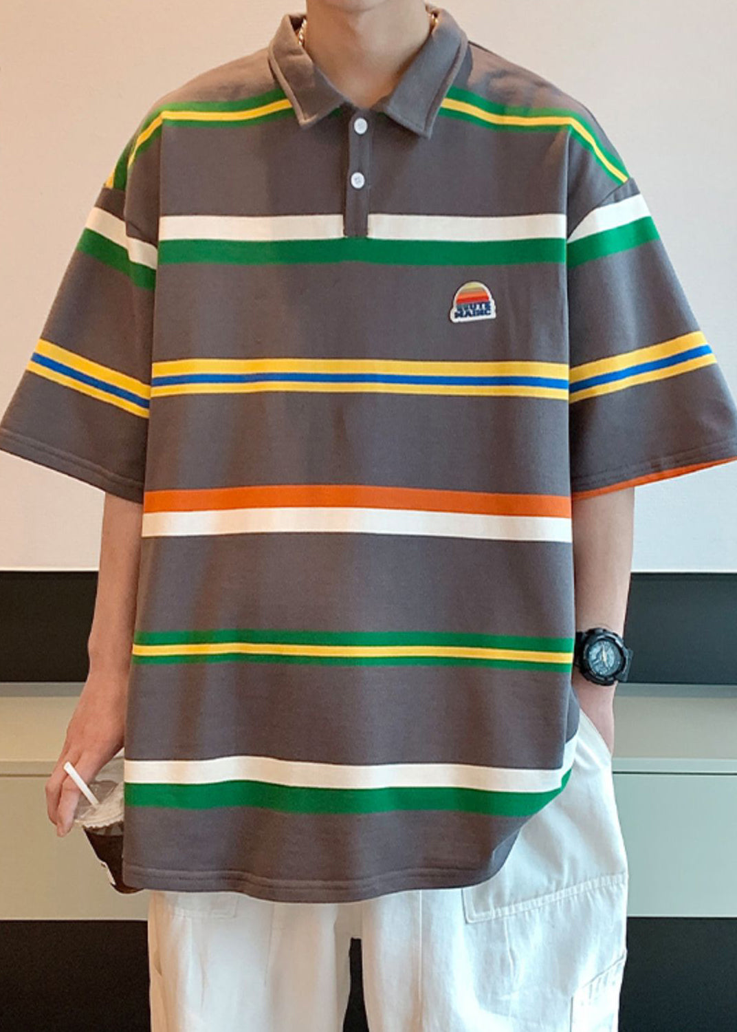 Loose Dark Gray Striped Button Cotton Polo Shirts Half Sleeve