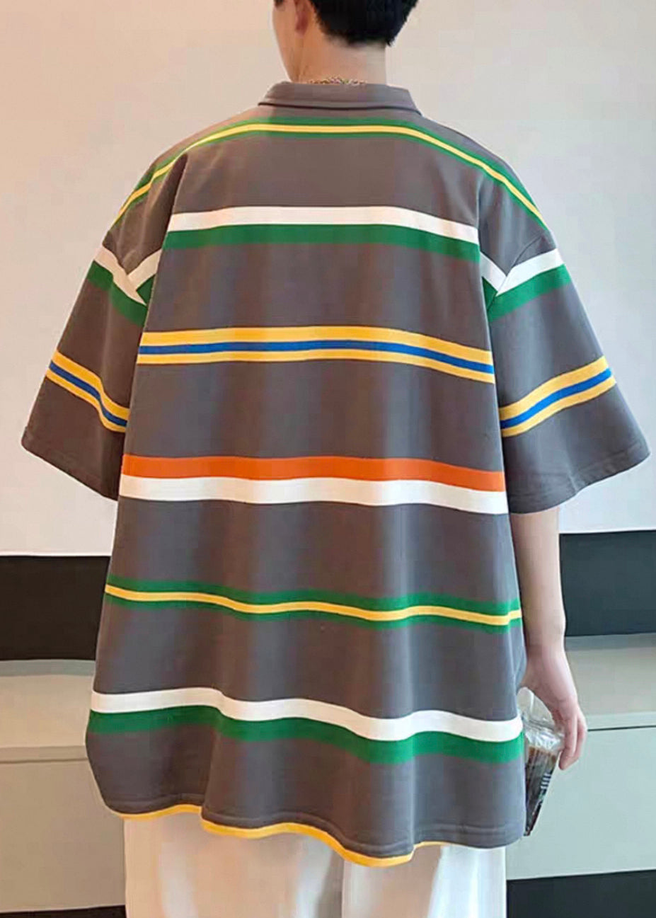 Loose Dark Gray Striped Button Cotton Polo Shirts Half Sleeve