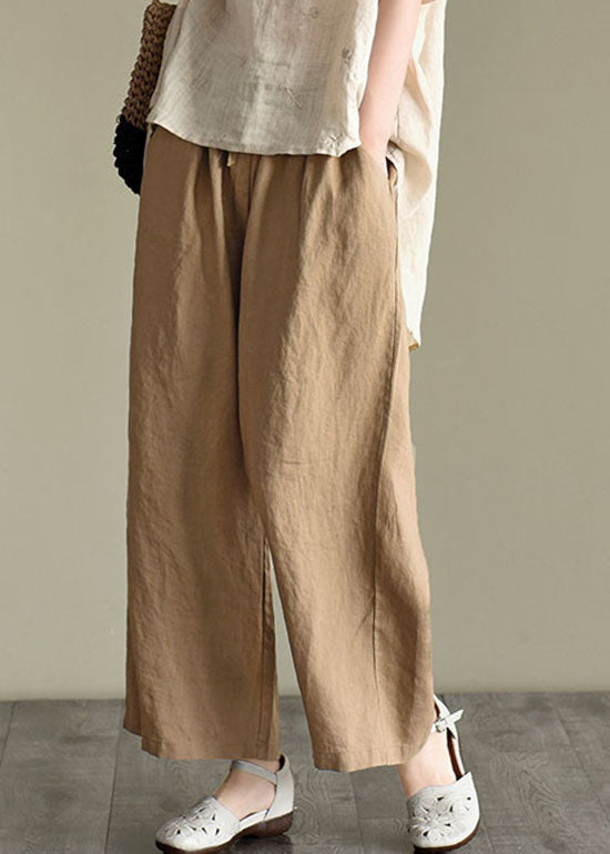 Lose Dunkel Khaki elastische Taille Kordelzug Leinen weite Beinhose Frühling