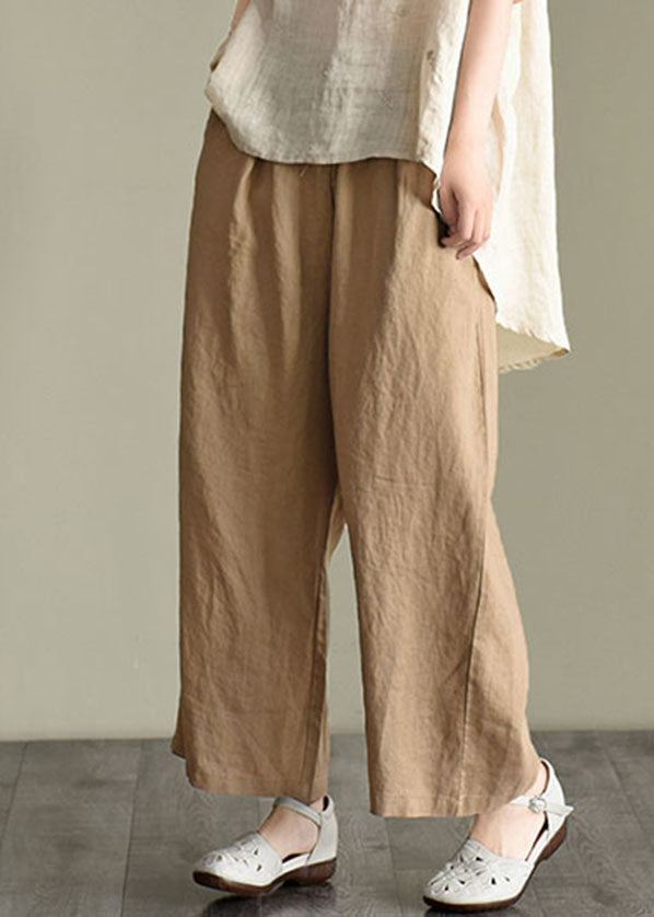 Lose Dunkel Khaki elastische Taille Kordelzug Leinen weite Beinhose Frühling