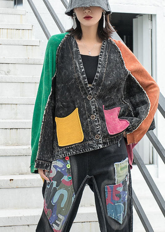 Lose Denim Patchwork Strick V-Ausschnitt Taschen Knopf Herbstjacke Langarm