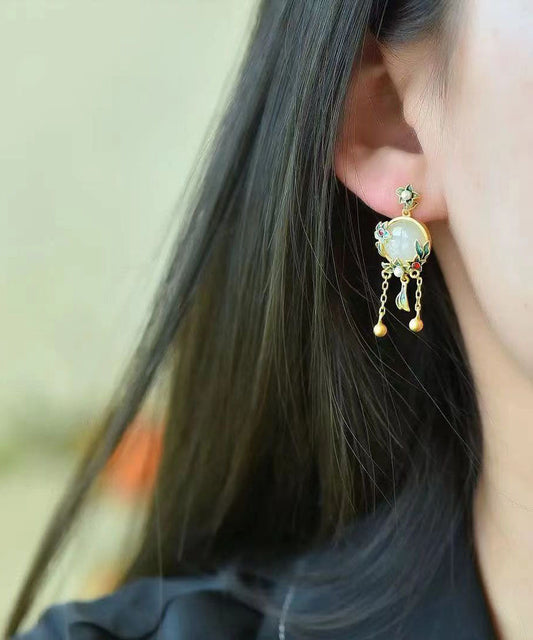 Pendientes colgantes con borlas de jade esmaltado y dorado en plata de ley