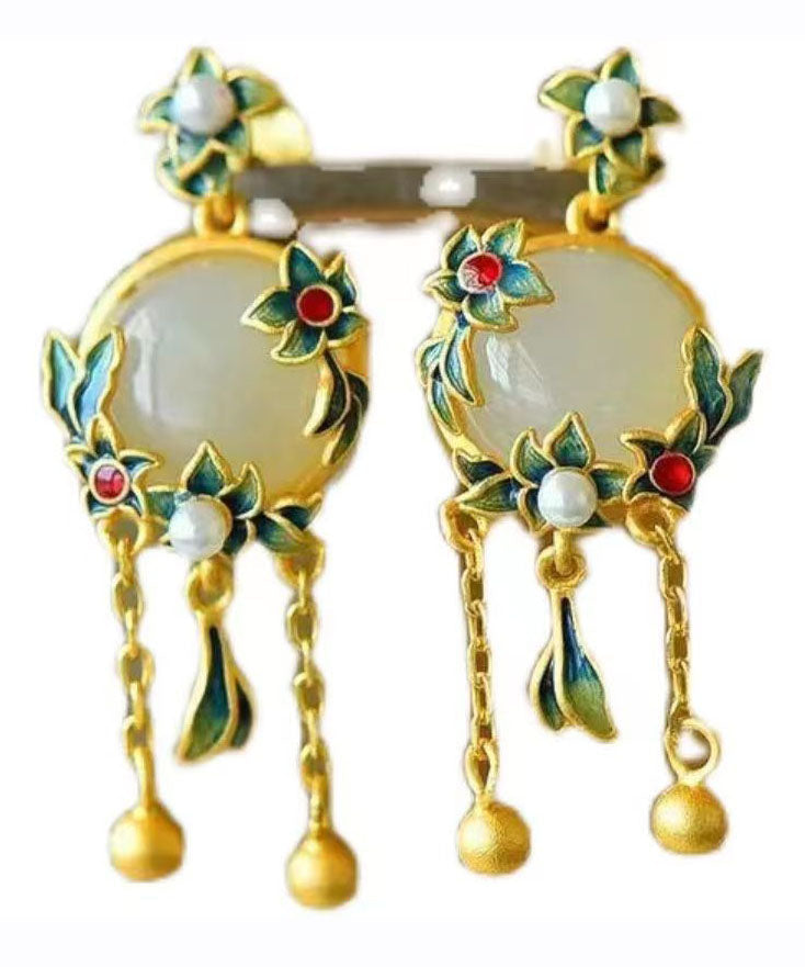 Pendientes colgantes con borlas de jade esmaltado y dorado en plata de ley