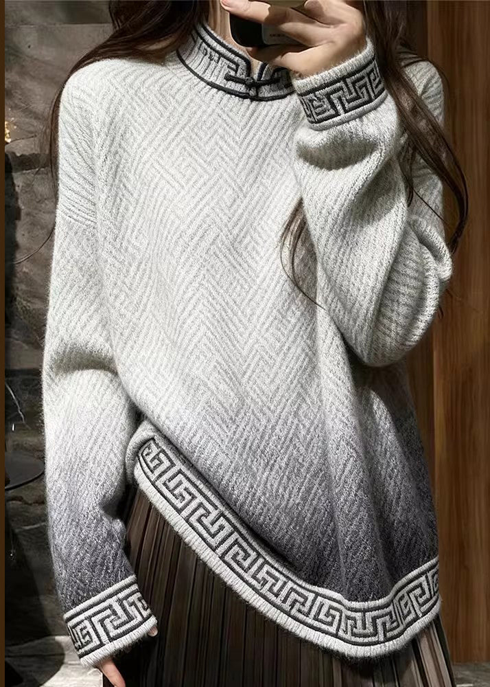 Lockere, farbverlaufende Stehkragen-Strickpullover mit geometrischem Muster für den Winter