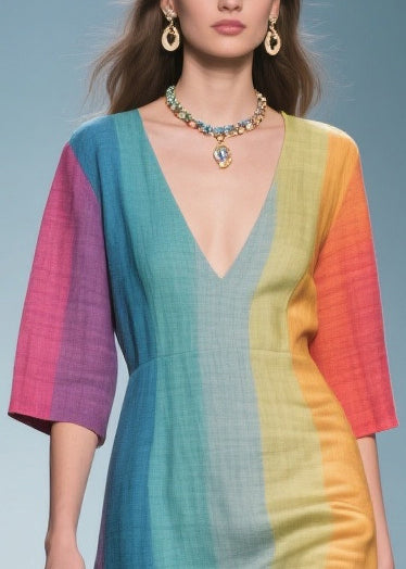 Loose Gradient Color V Neck Linen Silk Maxi Dress Summer