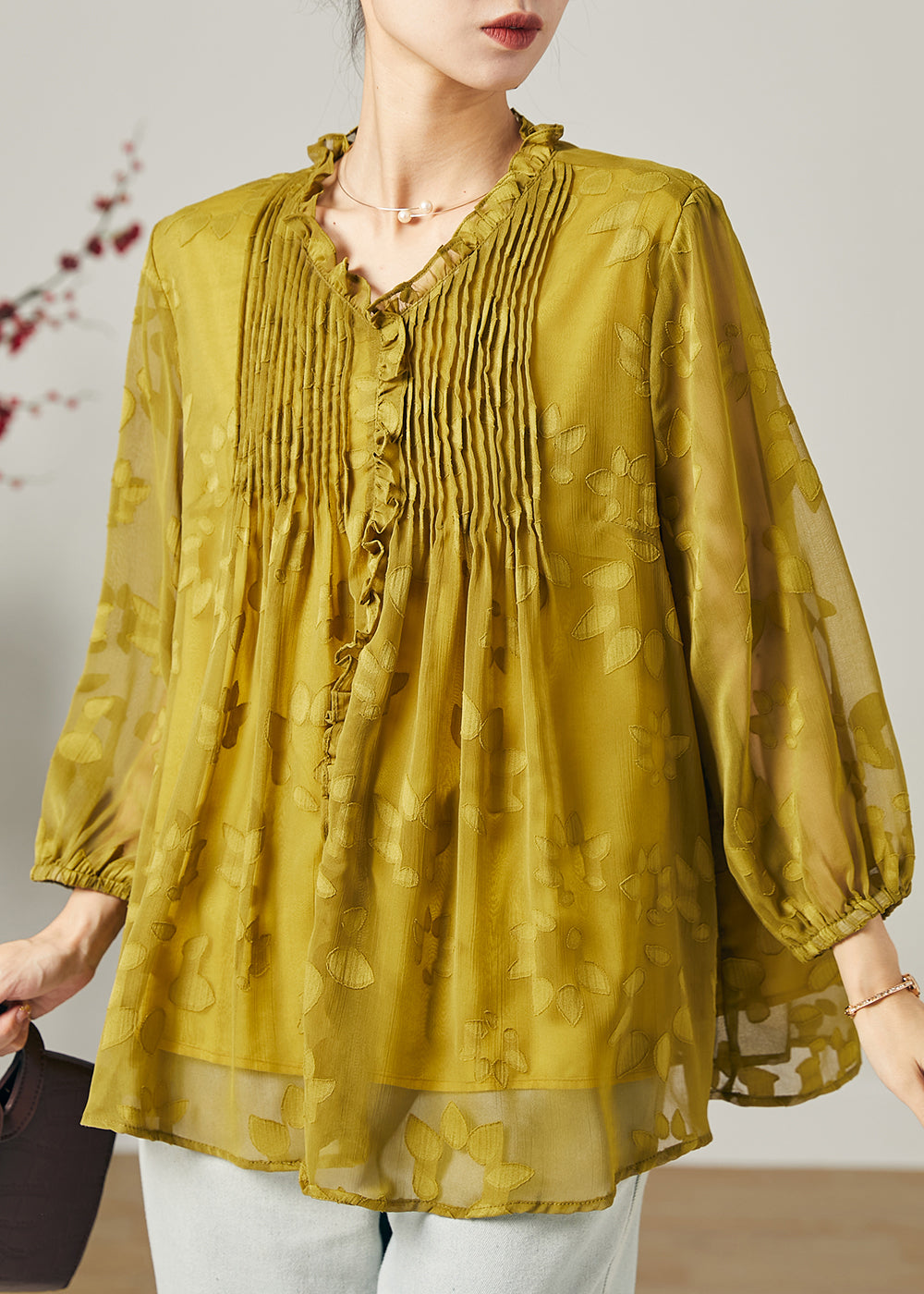 Lose Gras Grün Rüschen Falten Chiffon Shirt Top Sommer