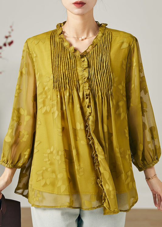 Lose Gras Grün Rüschen Falten Chiffon Shirt Top Sommer