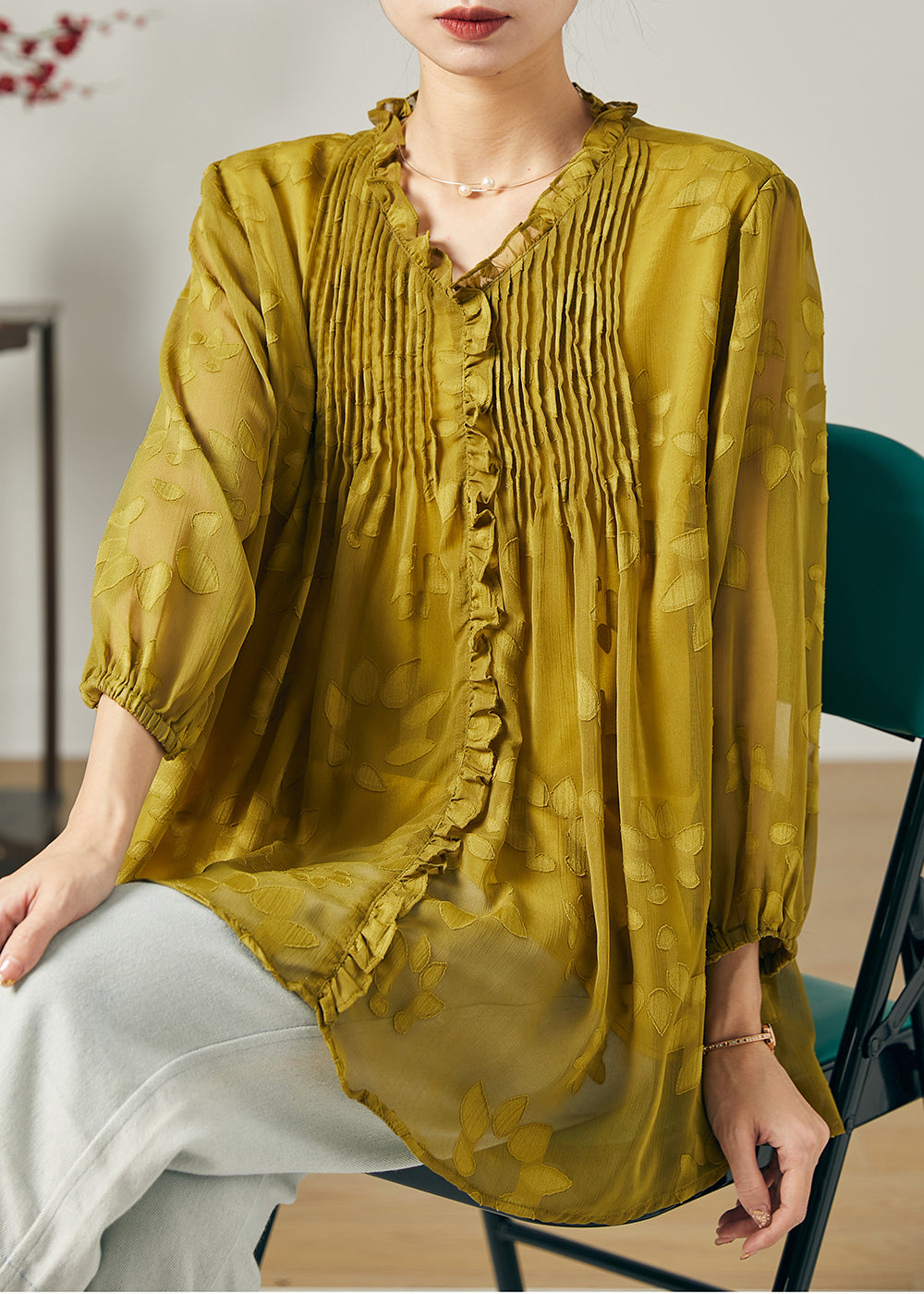 Lose Gras Grün Rüschen Falten Chiffon Shirt Top Sommer