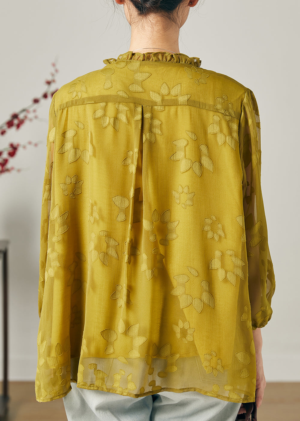 Lose Gras Grün Rüschen Falten Chiffon Shirt Top Sommer