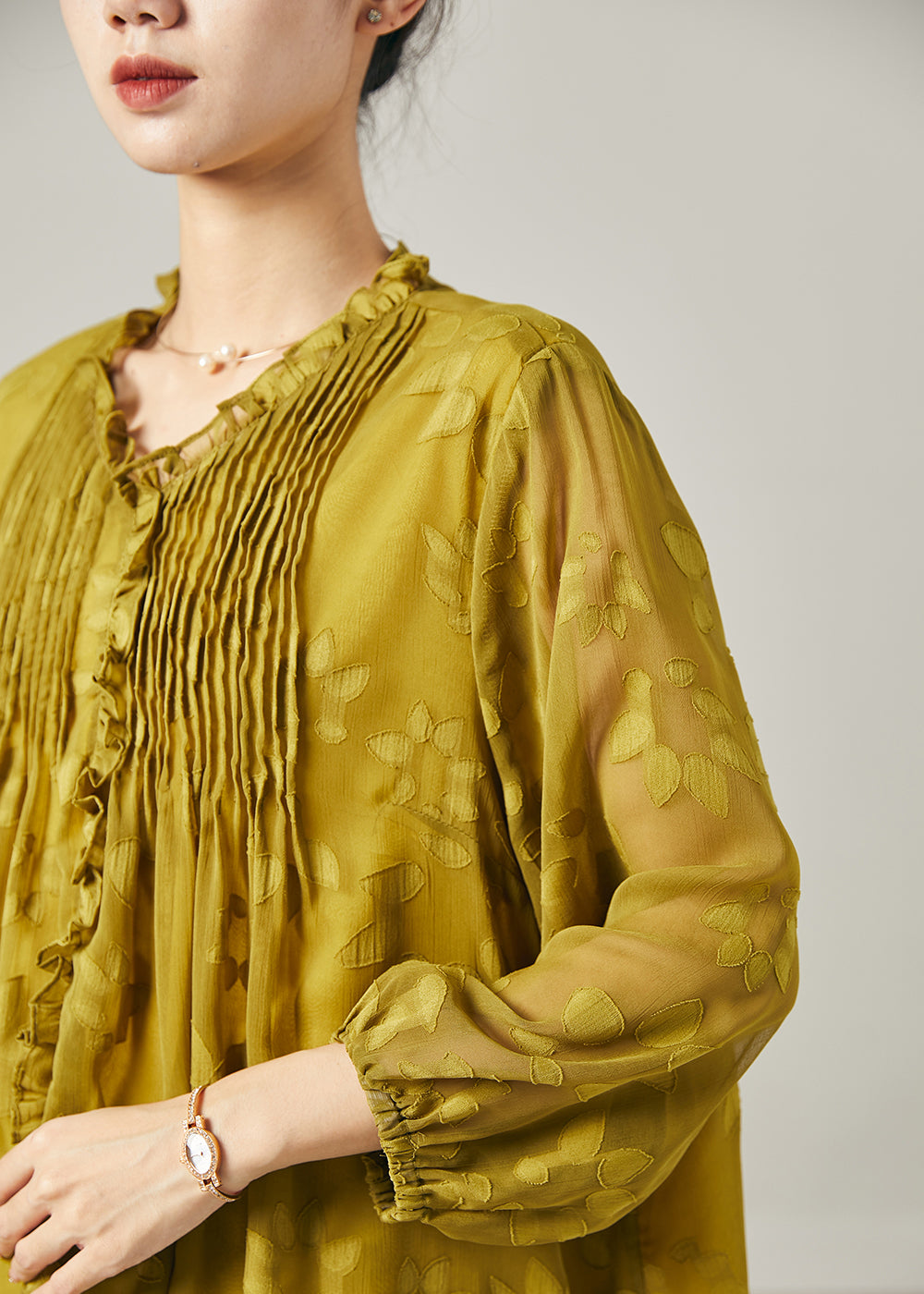 Lose Gras Grün Rüschen Falten Chiffon Shirt Top Sommer