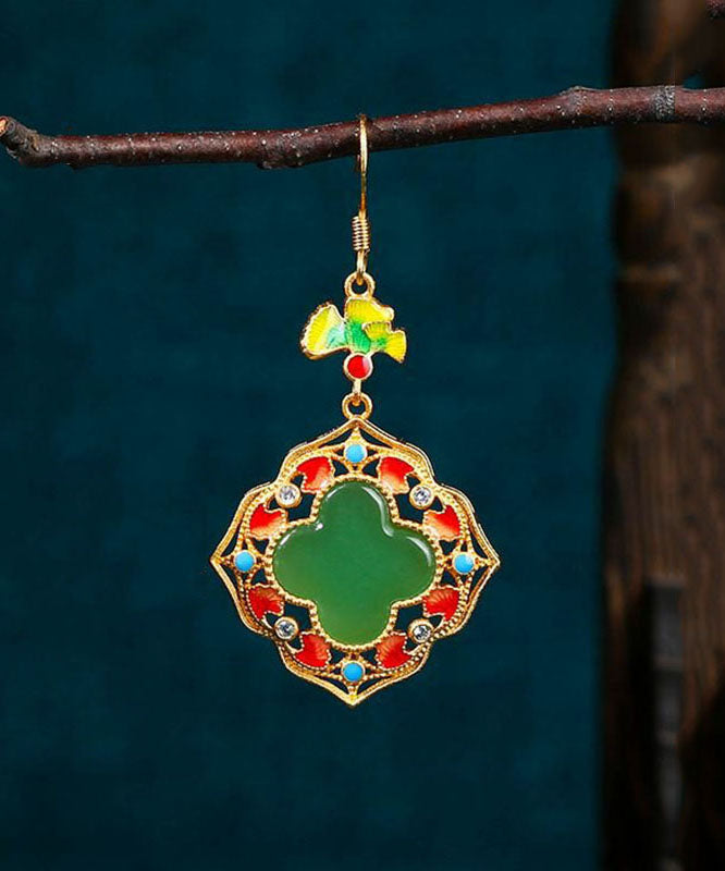 Pendientes colgantes de trébol con turquesa, circonita y jade dorado de cobre verde suelto