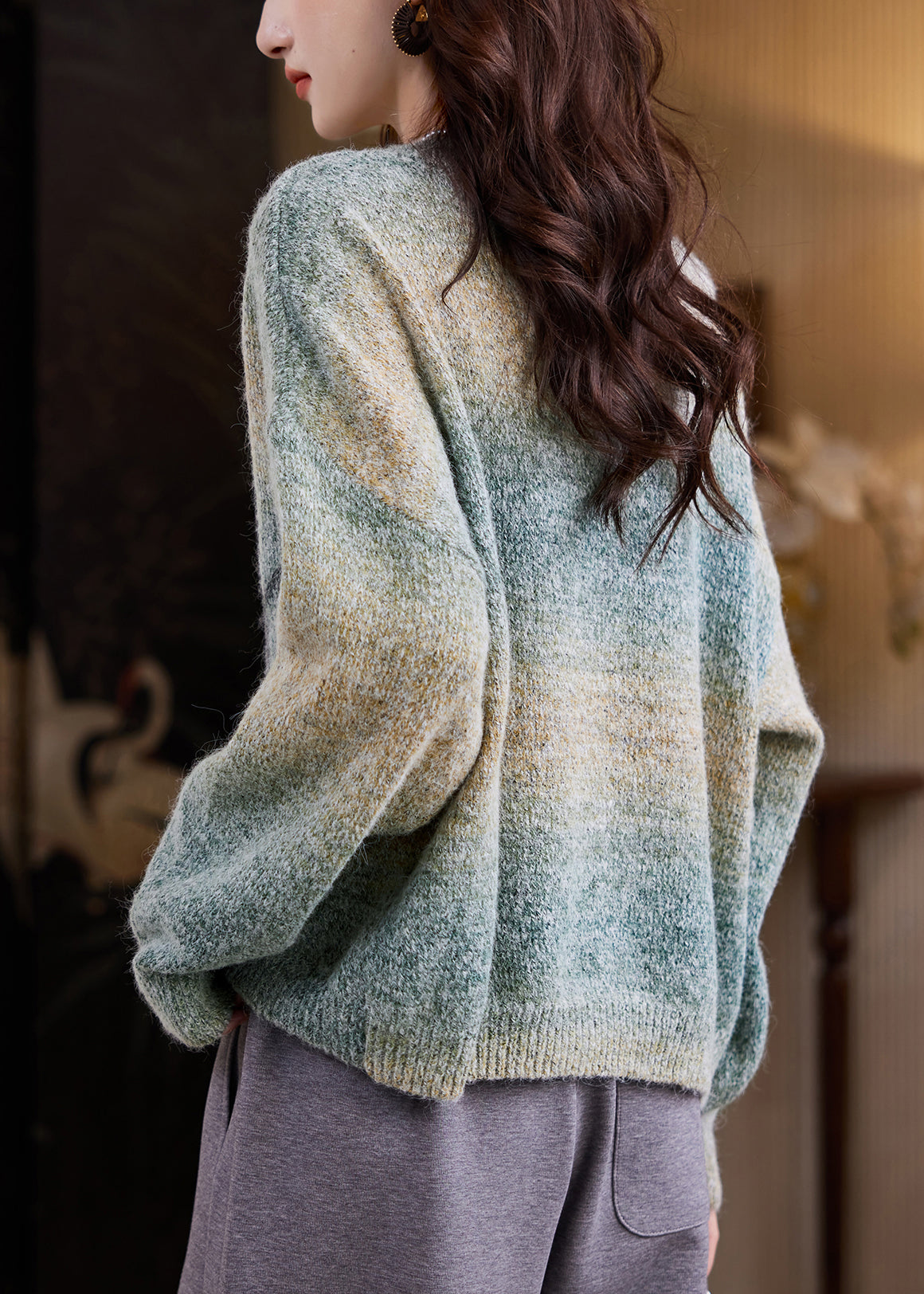 Loose Green Gradient Color O Neck Animal Knit Sweater Winter