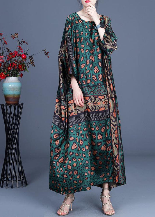 Loose Green Leopard Long sleeve Chiffon Holiday Dress Summer Spring - SooLinen