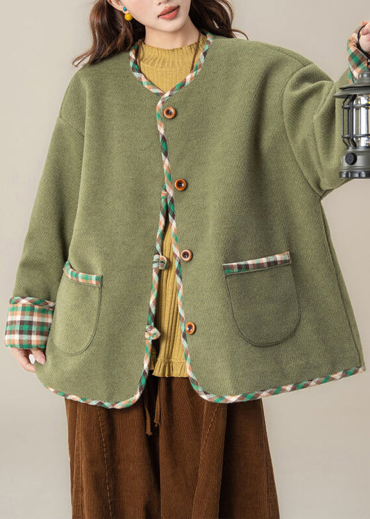 Loose Green O Neck Plaid Patchwork Woolen Coat Spring