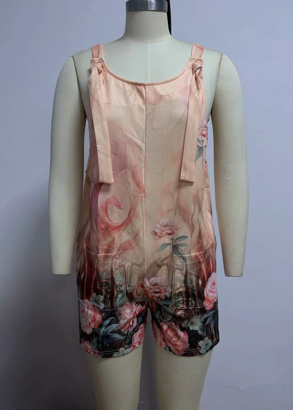 Loose Green O-Neck Print Pockets Jumpsuit Sleeveles