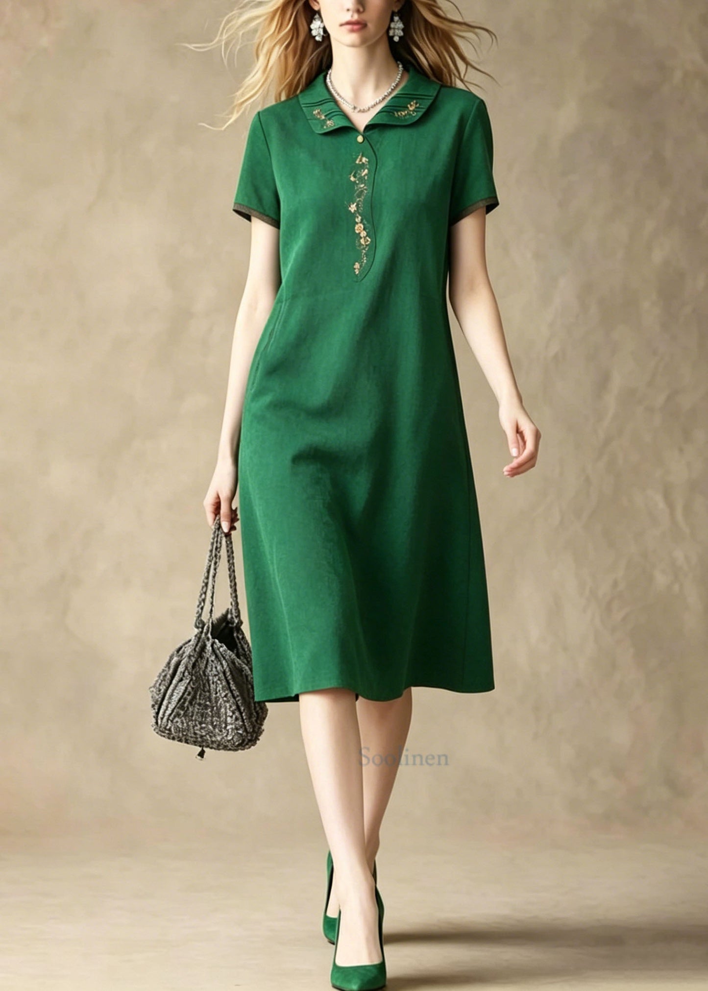 Loose Green Peter Pan Collar Embroidered Silk Dress Summer