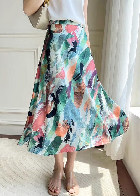 Lockerer Seidenrock mit grünem Aufdruck und hoher Taille für den Sommer