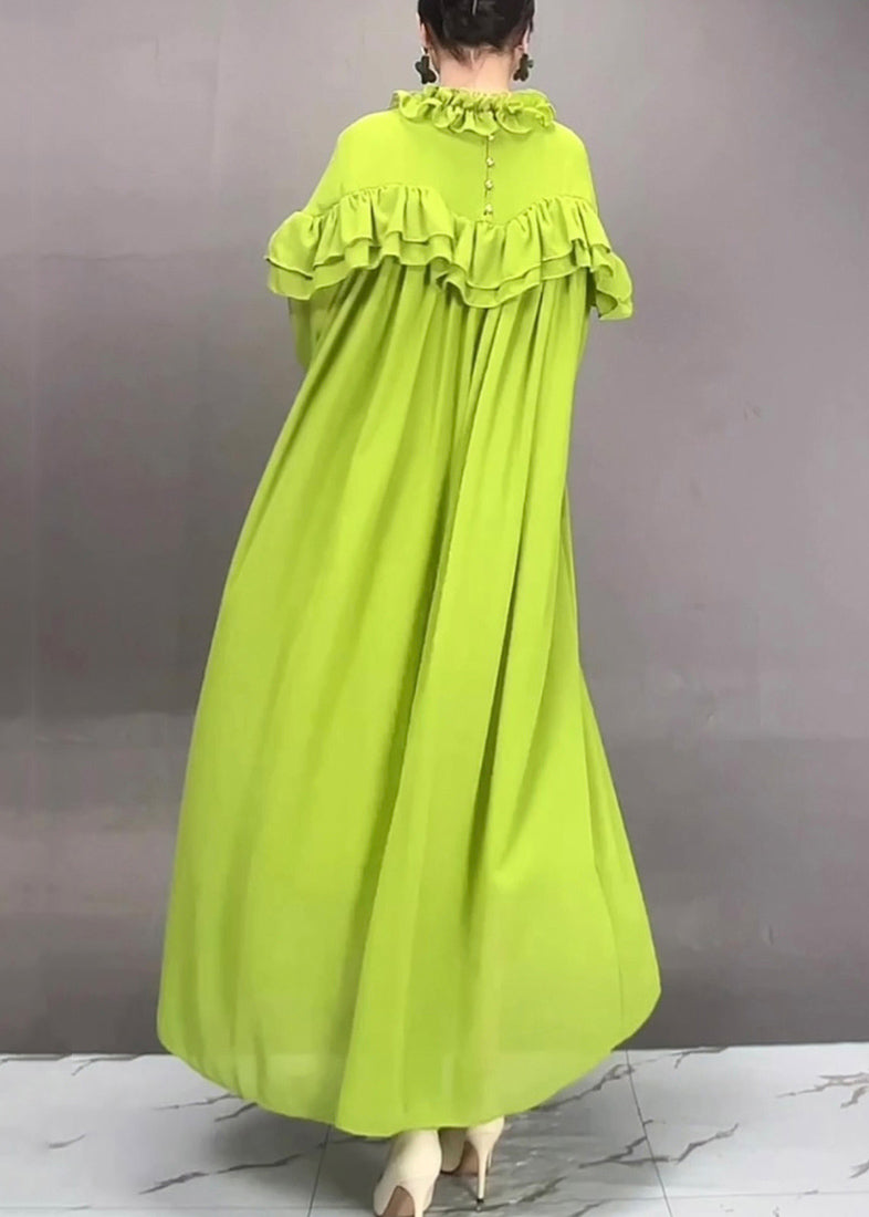 Loose Green Ruffled Solid Chiffon Long Dress Fall