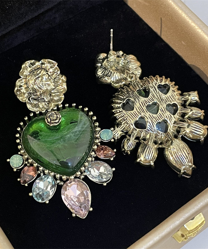 Pendientes colgantes con borlas de circonitas florales y cristales de plata de ley verde suelta