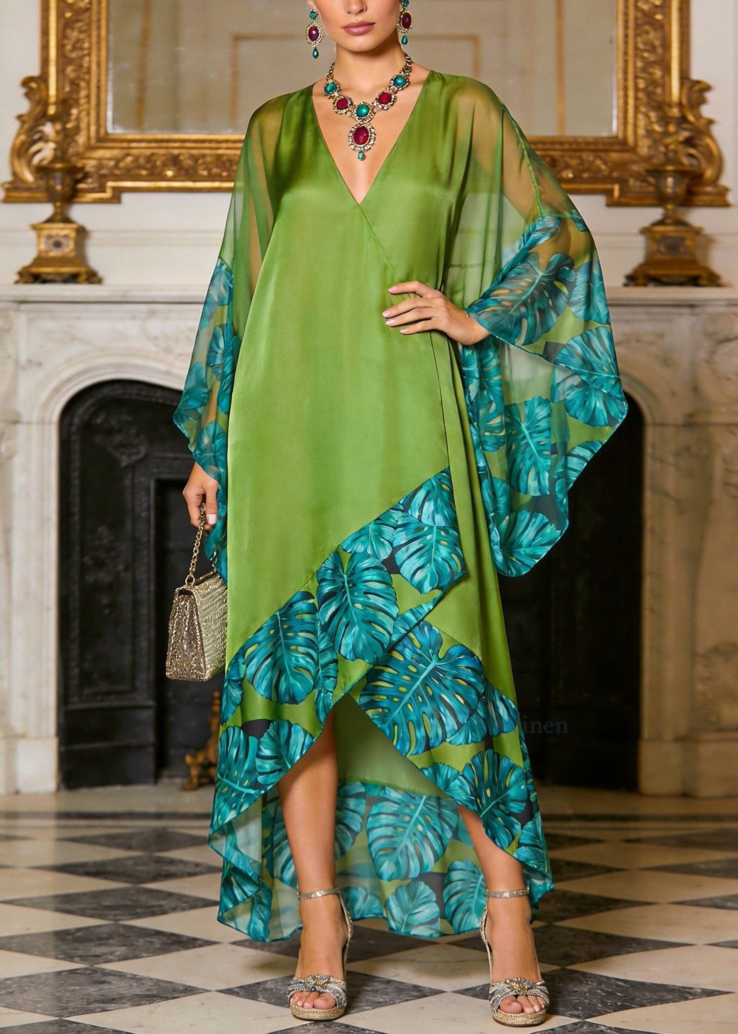 Loose Green V Neck Asymmetrical Design Patchwork Chiffon Dress Summer