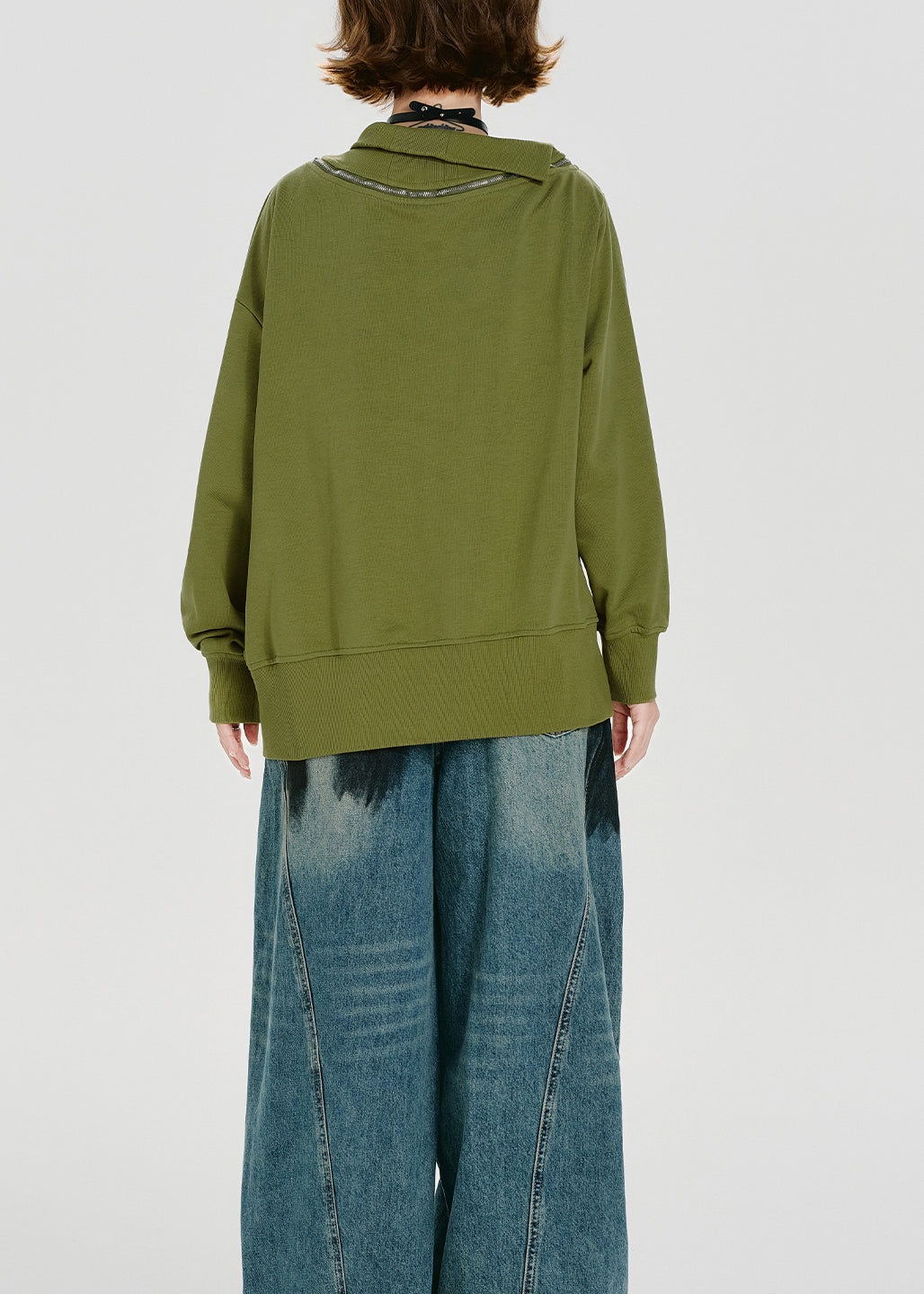 Loose Green Zip Up Print Cotton Pullover Sweatshirt Spring