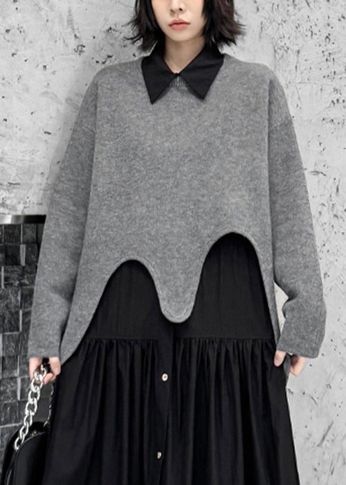 Lockere, graue, asymmetrische, kuschelige Strickpullover-Tops für den Frühling