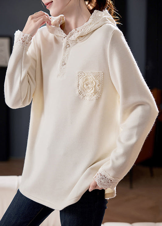 Loose Grey Hooded Lace Patchwork Knitting Cotton T Shirts Spring