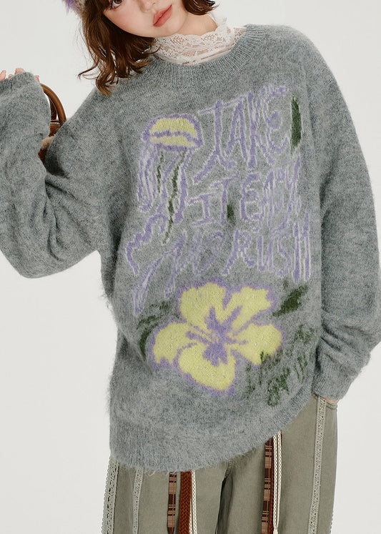 Loose Grey O Neck Thick Jacquard Knit Sweater Tops Winter