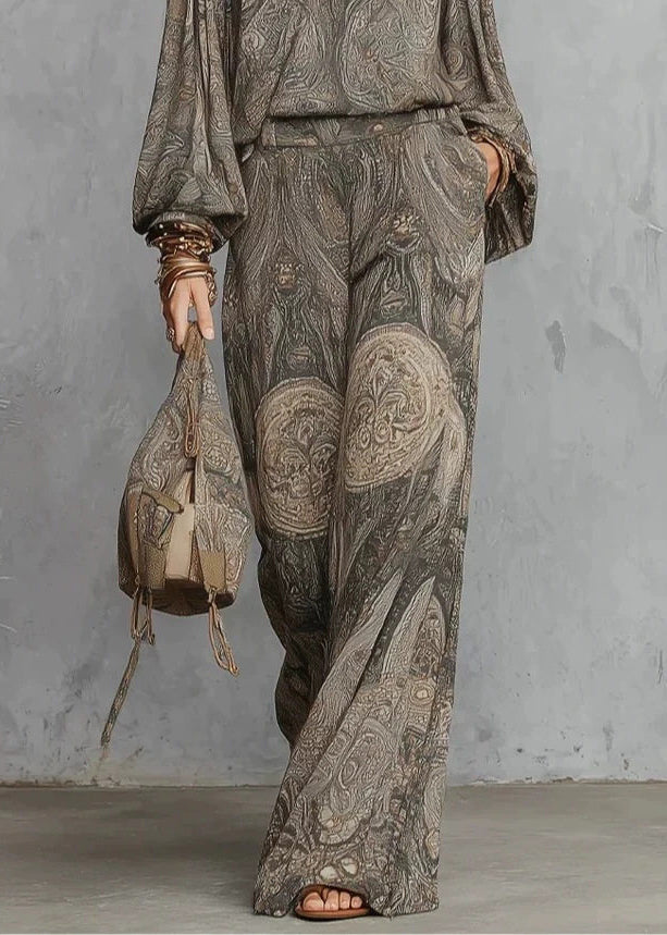 Loose Grey Print O-Neck Two Pieces Set Long Sleeve