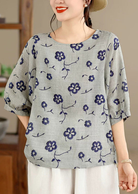Loose Grey Print Tops O-Neck Half Sleeve