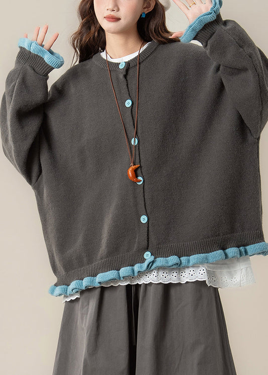 Loose Grey Ruffled Button Patchwork Knit Coats Spring