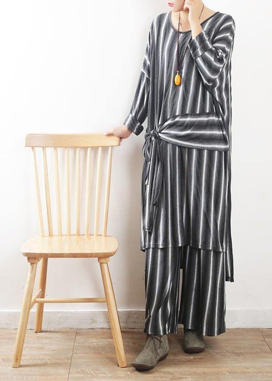 Loose Grey Striped tie waist Two Pieces Set Summer Cotton Dress - SooLinen