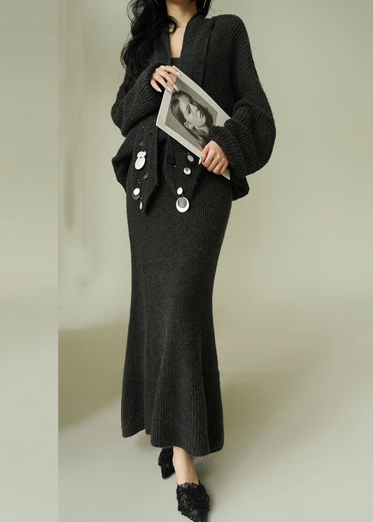 Loose Grey V Neck Sequins Knit Two Pieces Set Spring