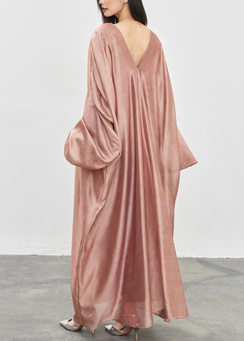 Loose Honey Peach V Neck Wrinkled Silk Long Dress Fall